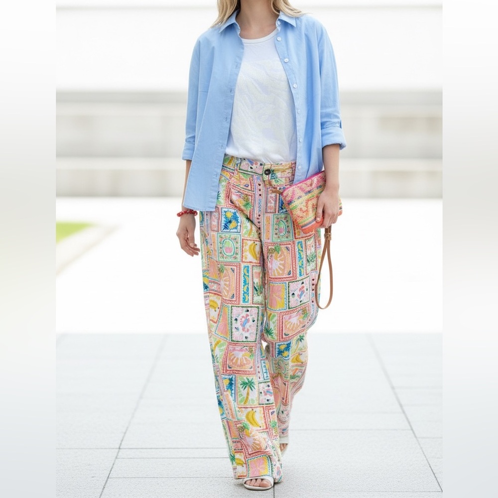 Outfit #5: 4-PC Set! MONTEAU Tropical Stamp Pants, H&M Shirt & Woven Bag